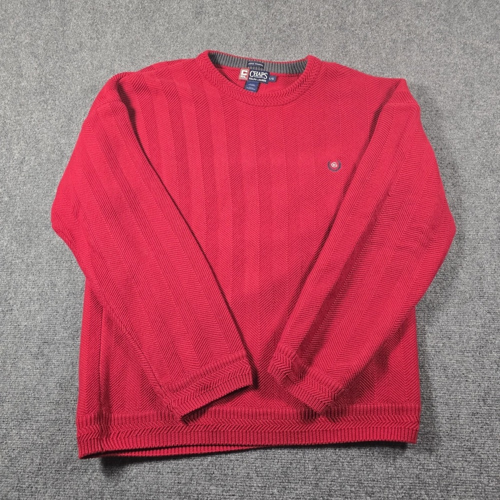 Chaps Ralph Lauren Men's Red Cotton Knit Herringbone Crew Neck Sweater L Preppy